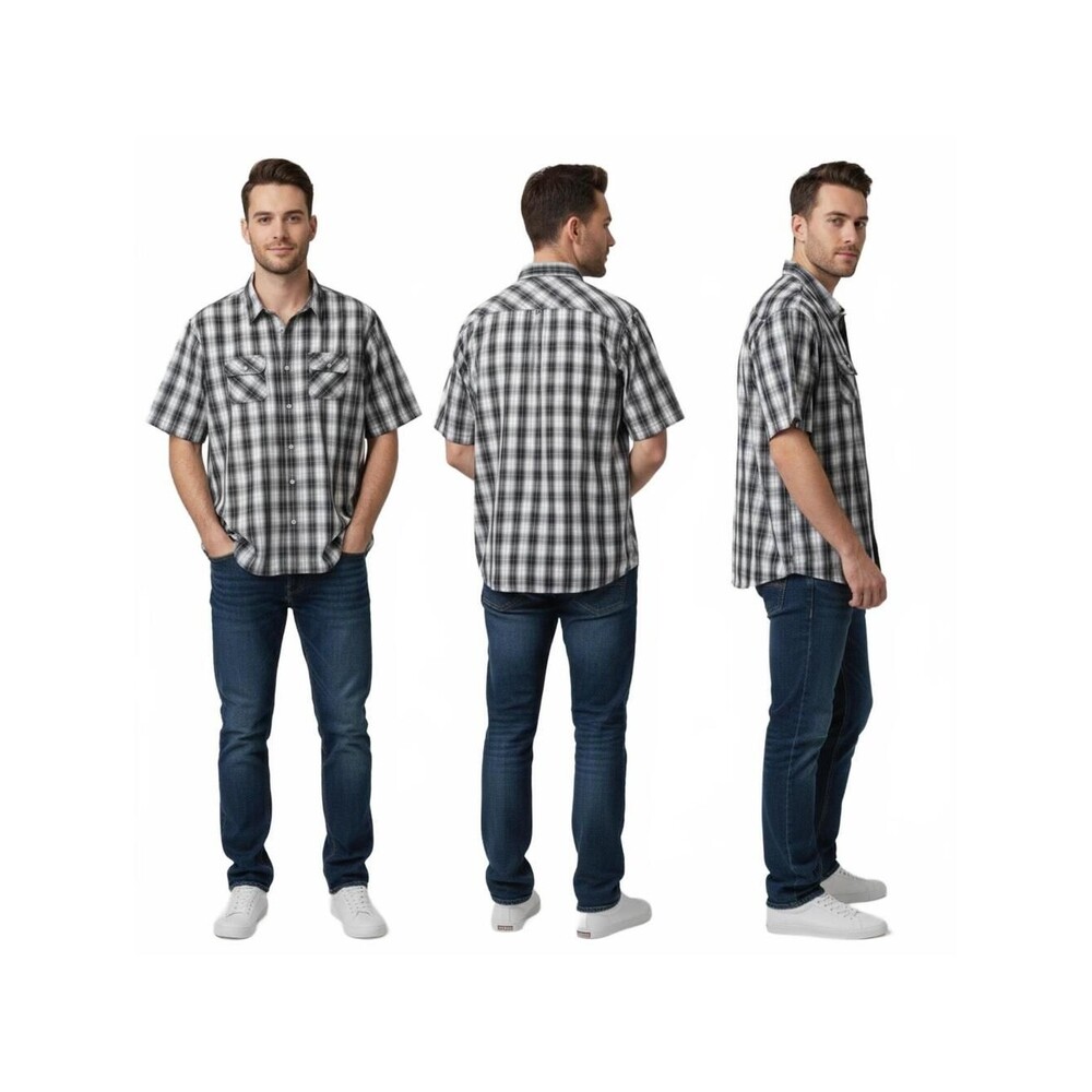 Plaid Shirt Short Sleeve Button Up Casual Work Black Gray Size Mens